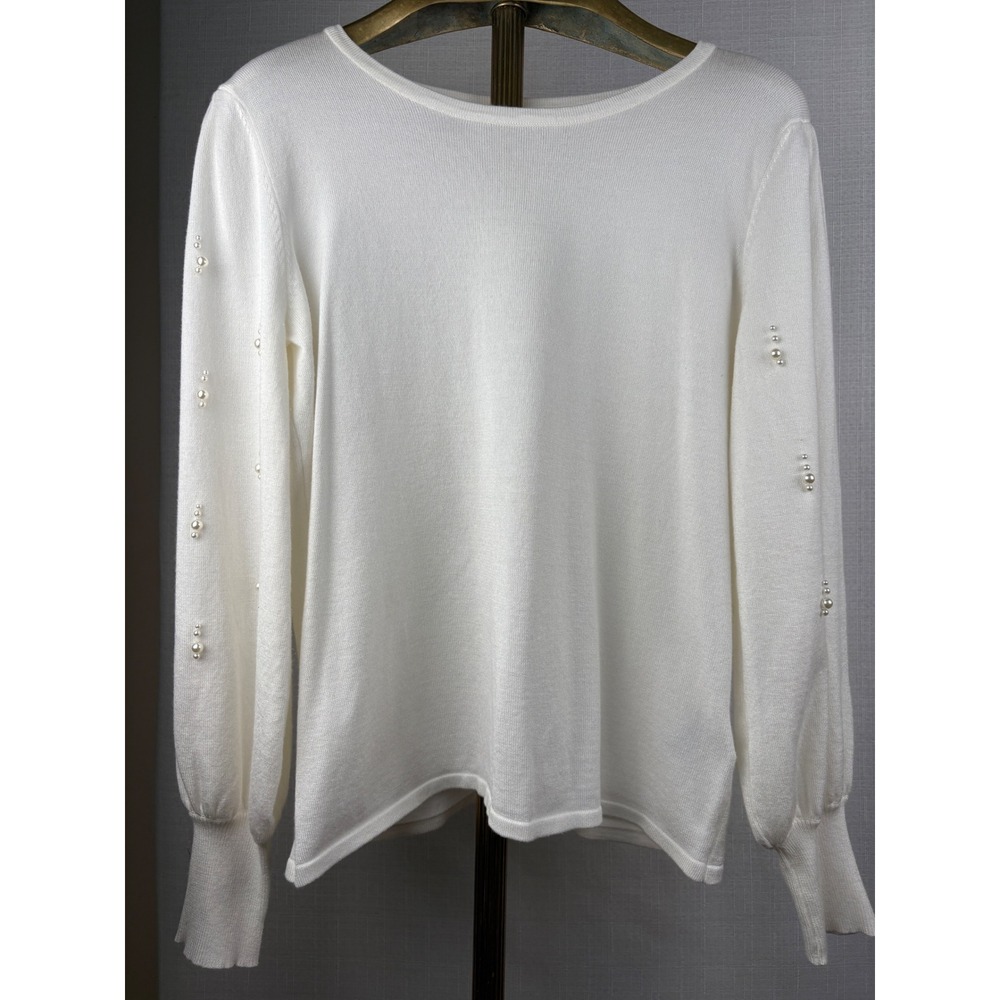 Carmen Marc Valvo Pearl Embellished Bishop Sleeve Knit Sweater Cream XL
